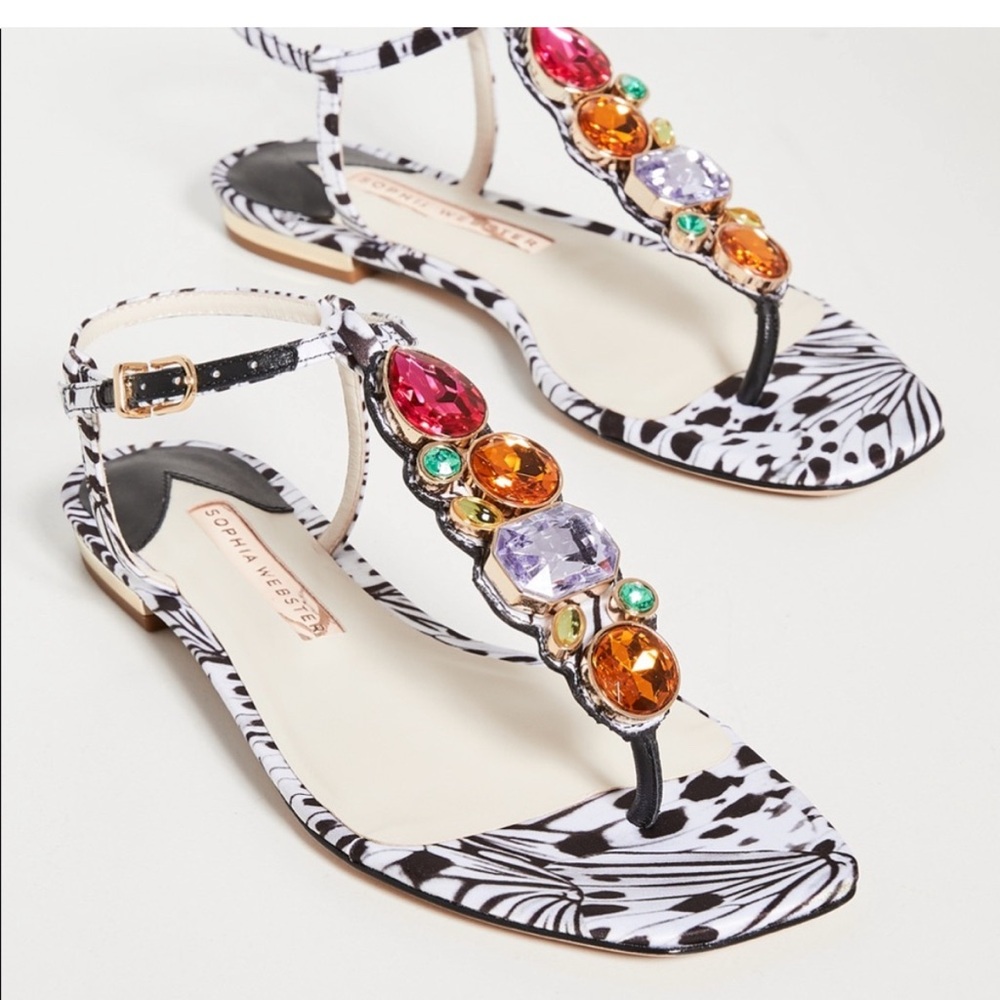 Sophia Webster Black & White Jeweled T-Strap Sandals